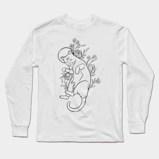 Mystical floral cat line art Long Sleeve T-Shirt